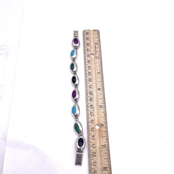 Vintage Taxco Mexico 925 Sterling Silver Bracelet Oval Multi-Gemstone - Picture 7 of 8